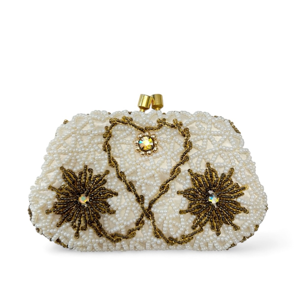 Vintage Delill Ivory Gold AB Rhinestone Ornate Beaded Kiss Lock Coin Purse